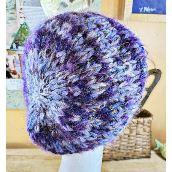 Hand Knit Hat Womens Partridge Studio NC Slouchy Chunky Beret Blues Ivory Tan - Picture 6 of 9
